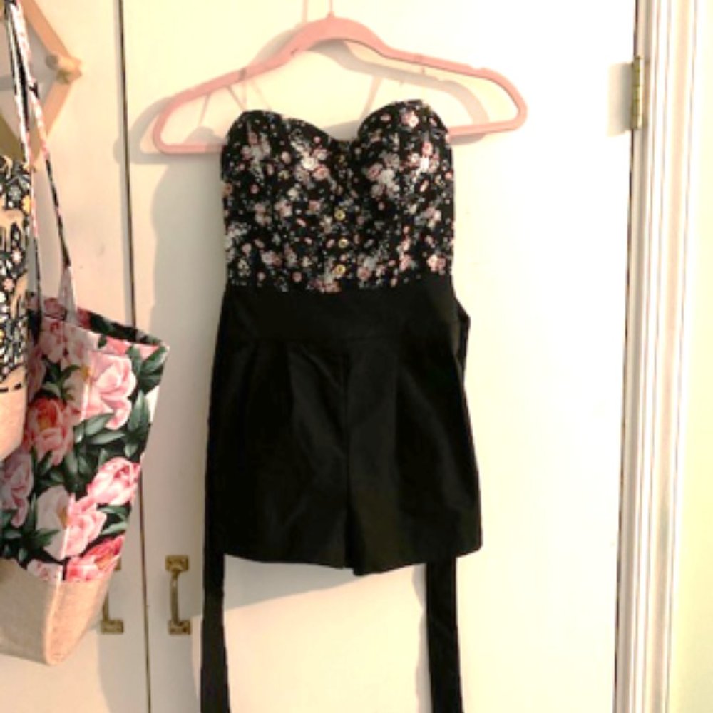 Black and Floral Roses Strapless Romper
